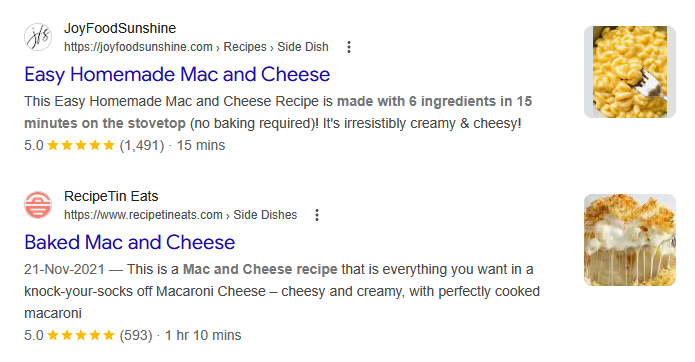 Mac and cheese recipe in SERPs with schema markup