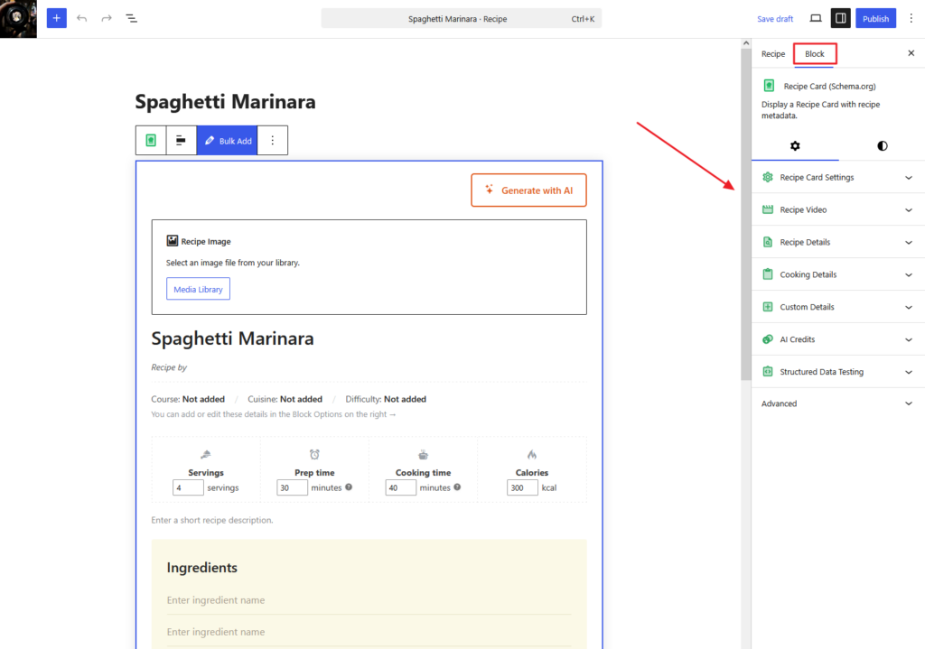 Block settings sidebar for Recipe Card Blocks