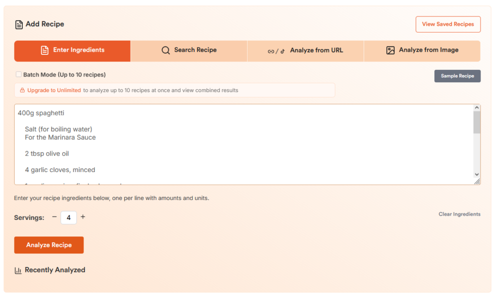 Free Recipe Analyzer tool