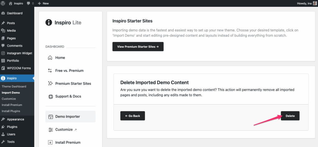 Importing Starter Sites (Demo Content) in Inspiro Lite - WPZOOM