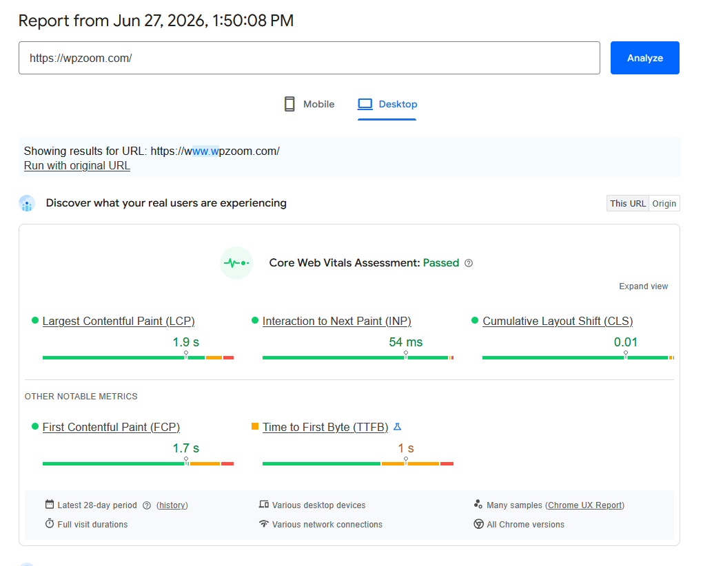 Core Web Vitals score