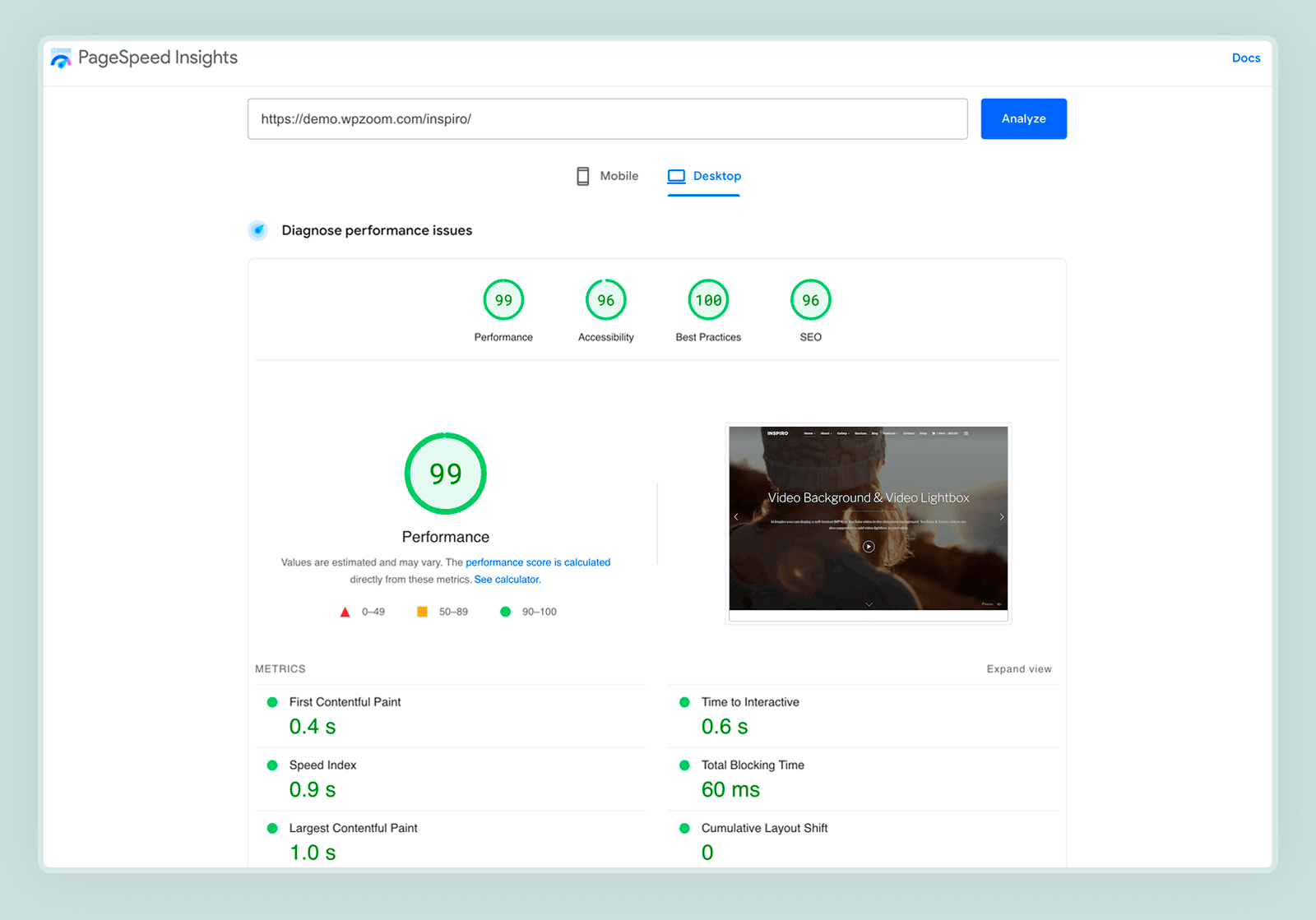 Inspiro PageSpeed Insights