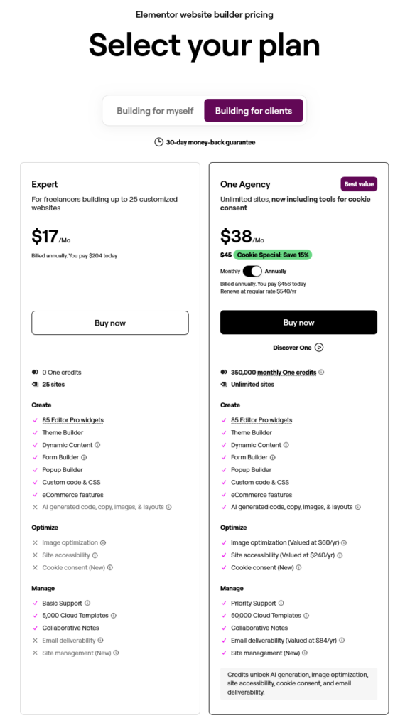 Elementor pricing for agencies