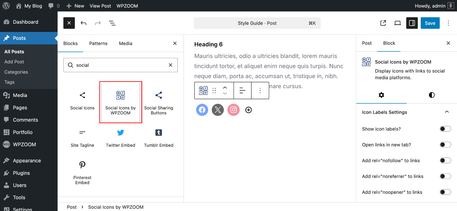 Add Social Icons by WPZOOM block