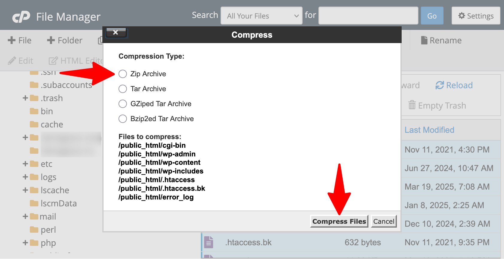 cPanel > File Manager > Compress WordPress files > Archive format