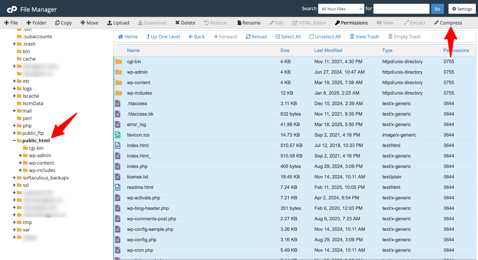 cPanel > File Manager > Compress WordPress files