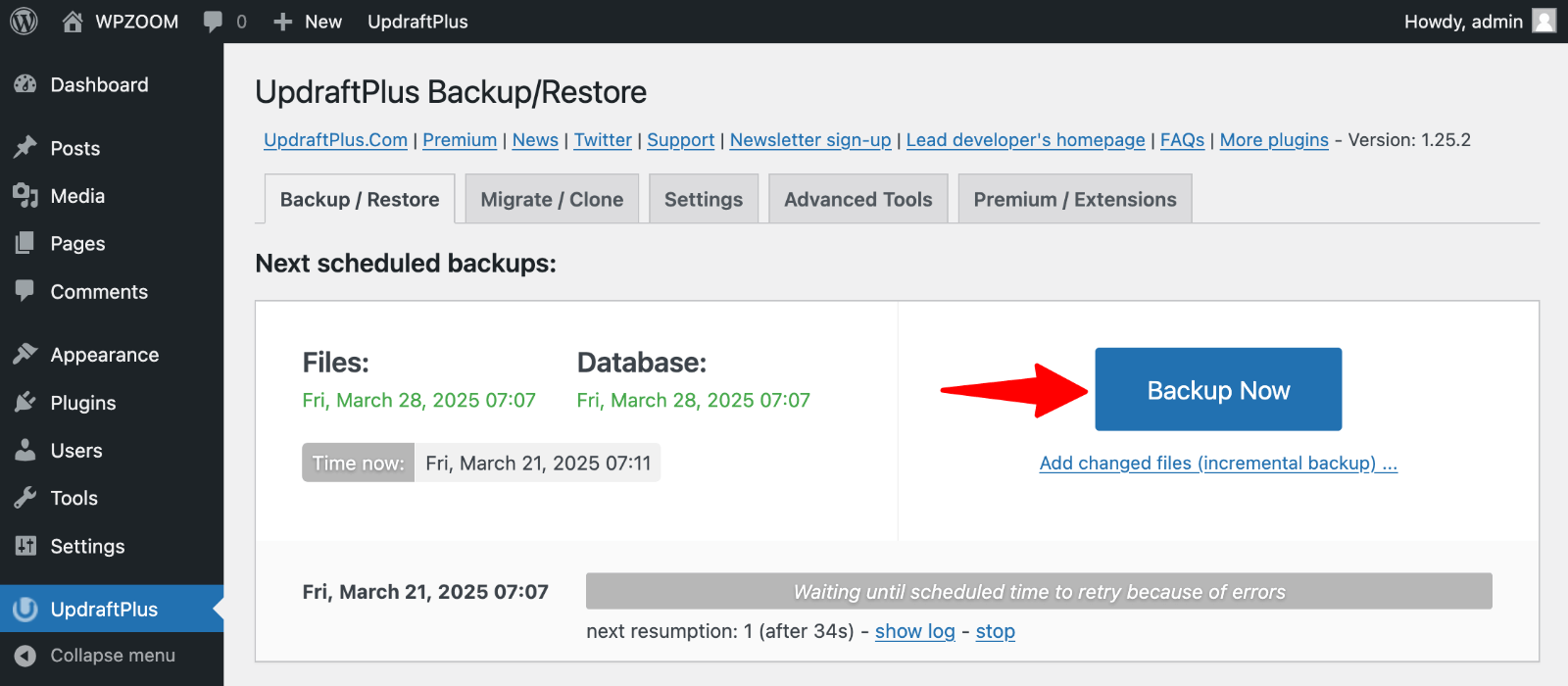UpdraftPlus > Backup Now