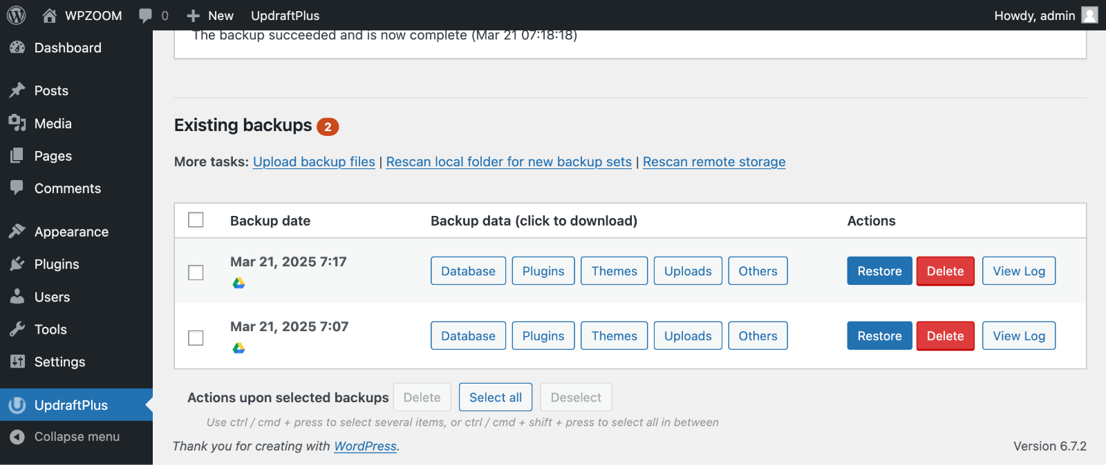 UpdraftPlus > Existing backups