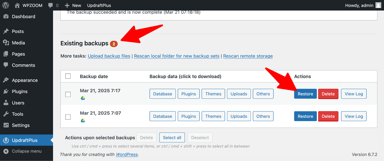 UpdraftPlus > restore backup