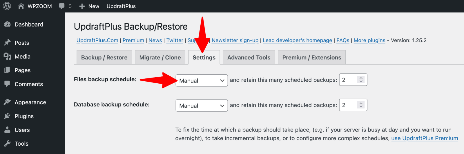 UpdraftPlus > Settings > Schedule