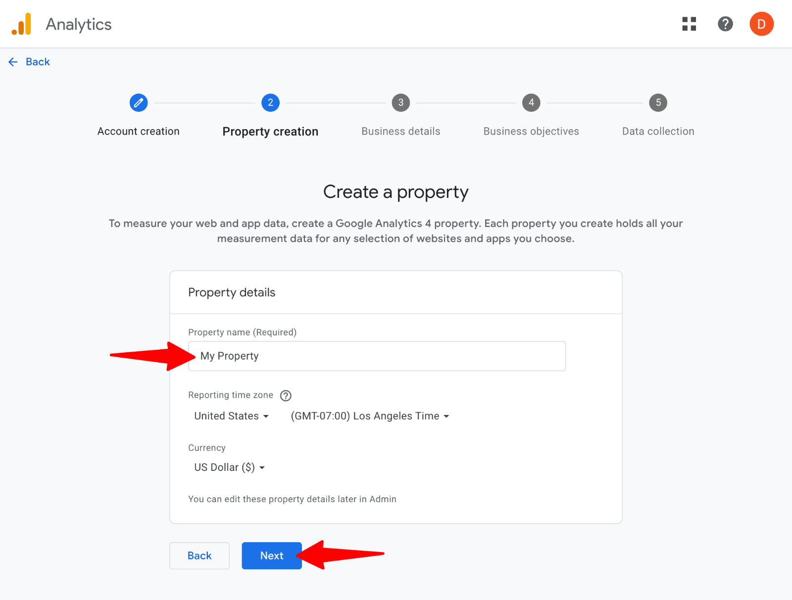 Google Analytics -> Create property