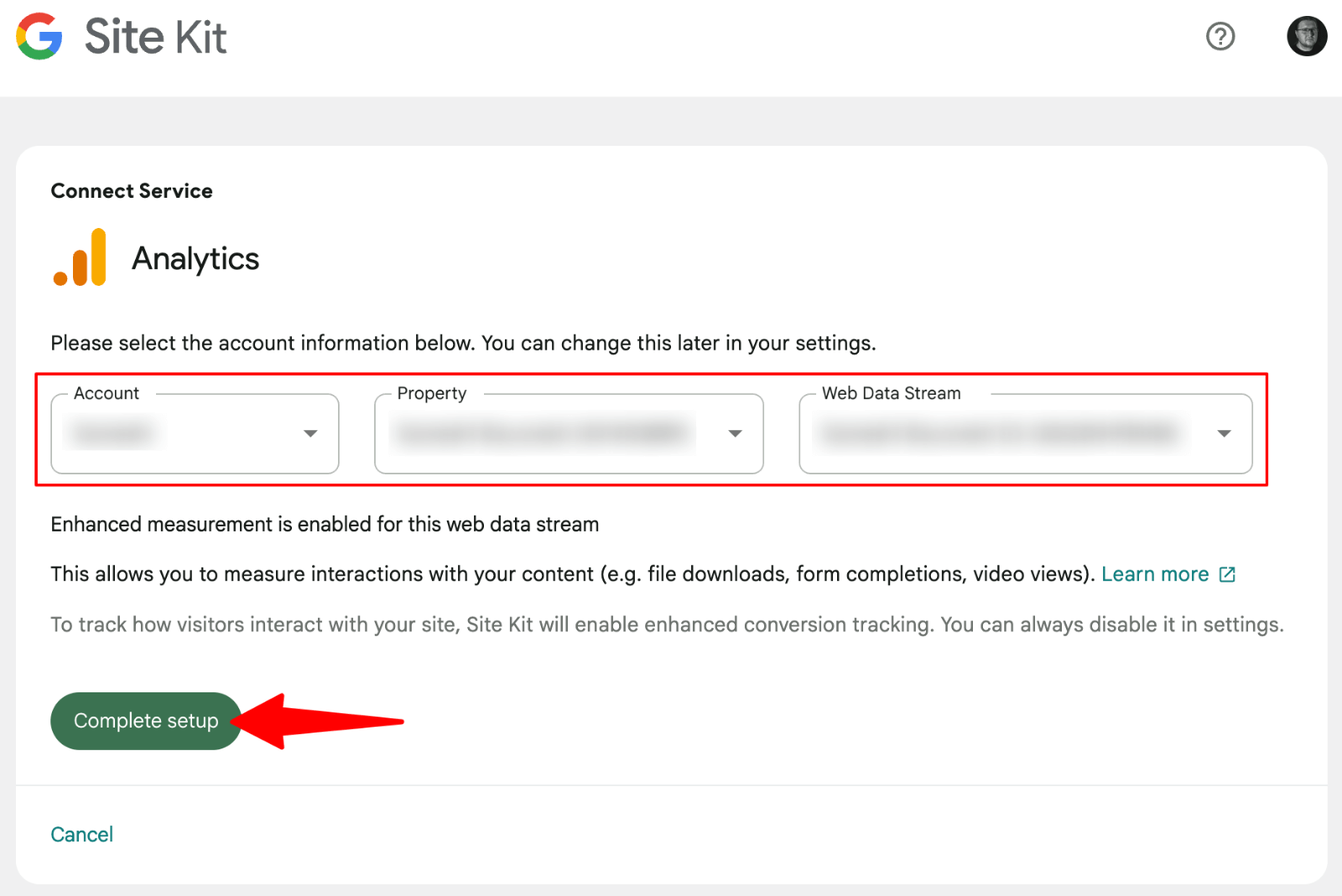 Site Kit -> Select Analytics account