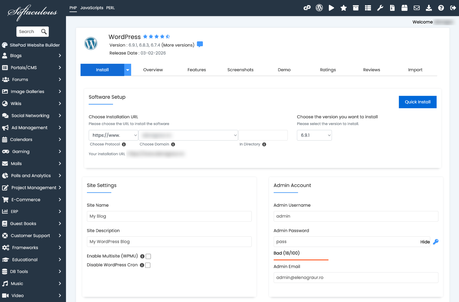 Softaculous WordPress install