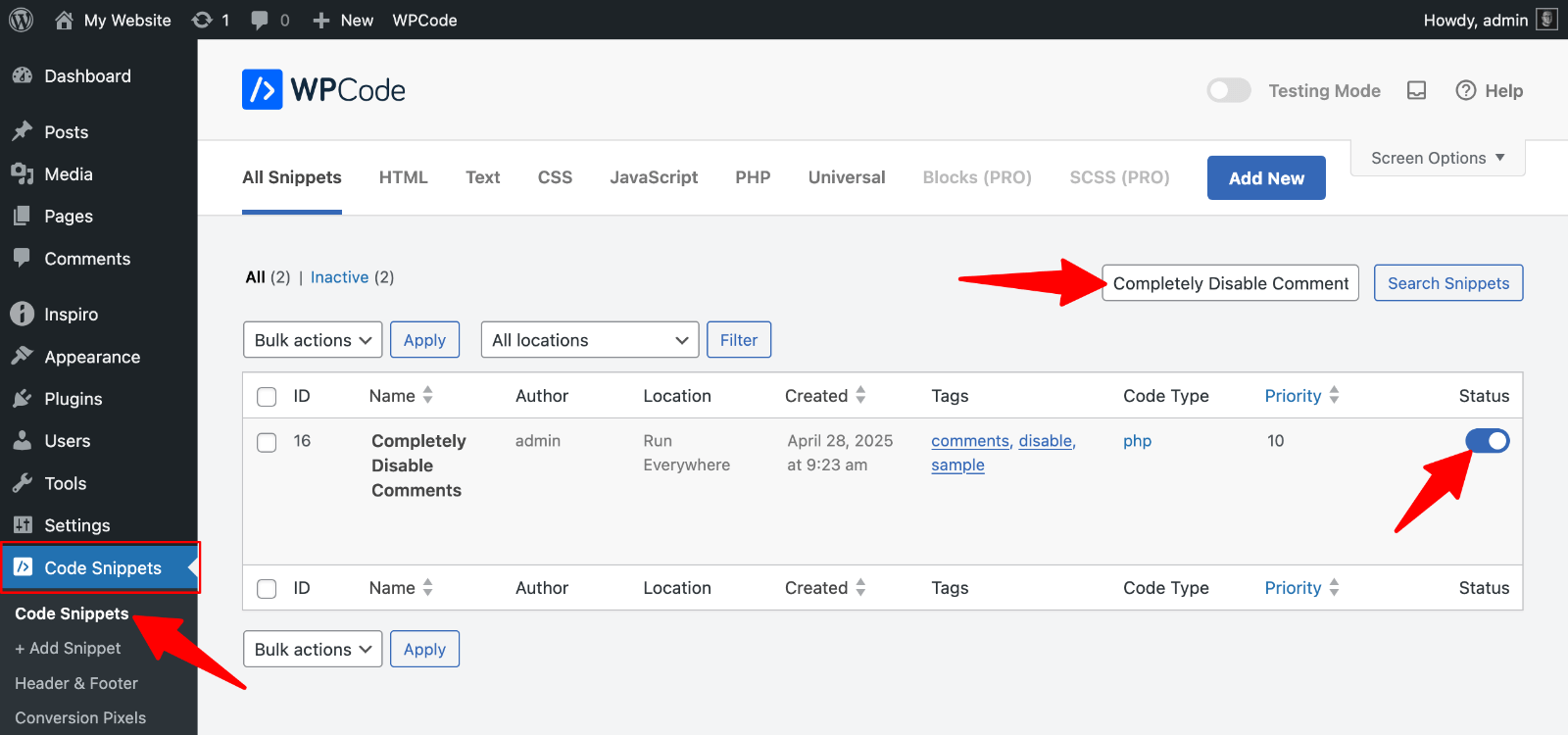 WPCode -> Disable comments snippet