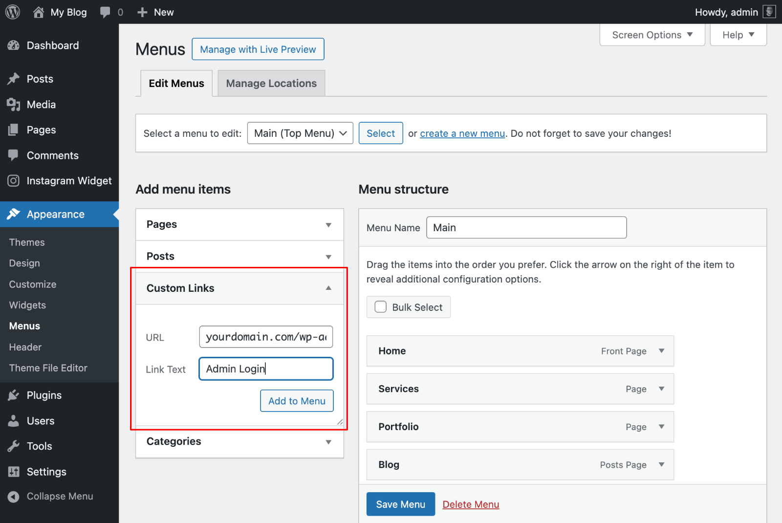 Add the login link to a menu