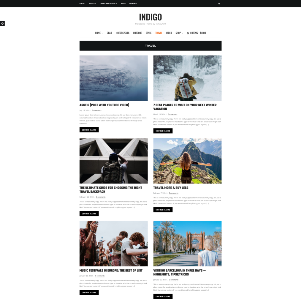 Indigo travel theme category page