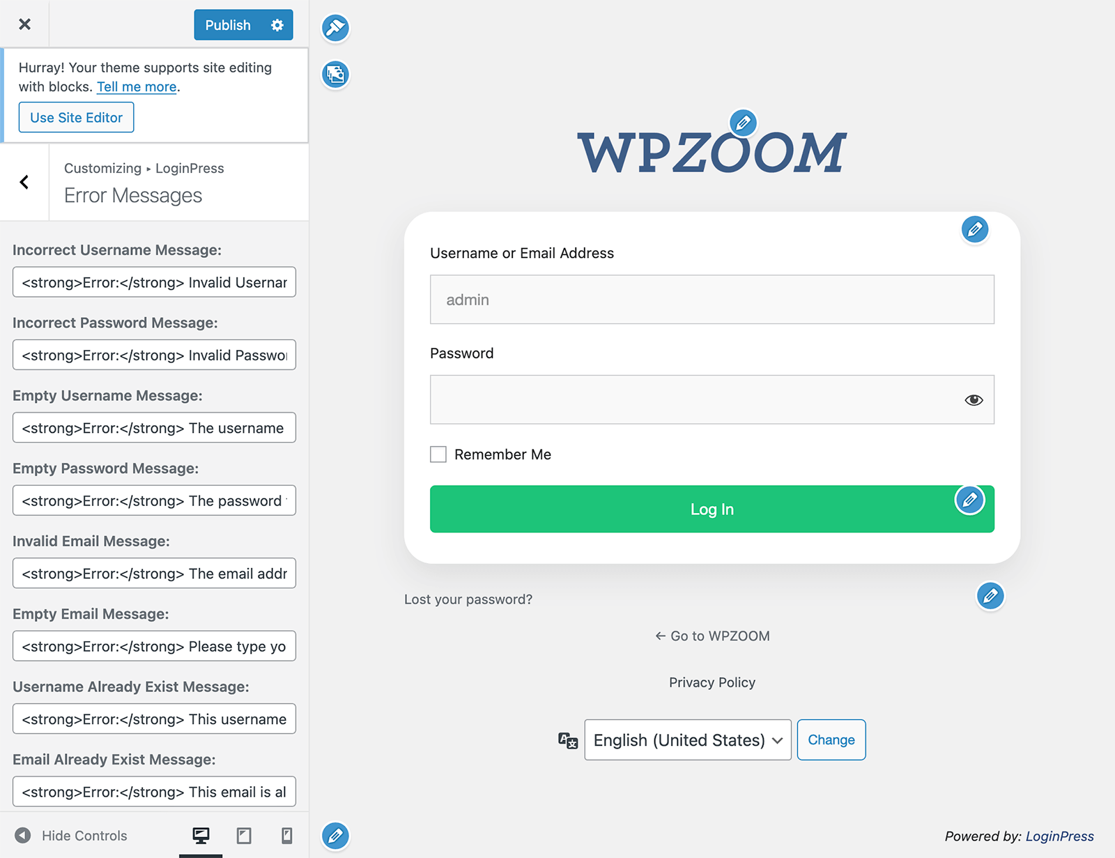 LoginPress error message customization settings for improved WordPress login security