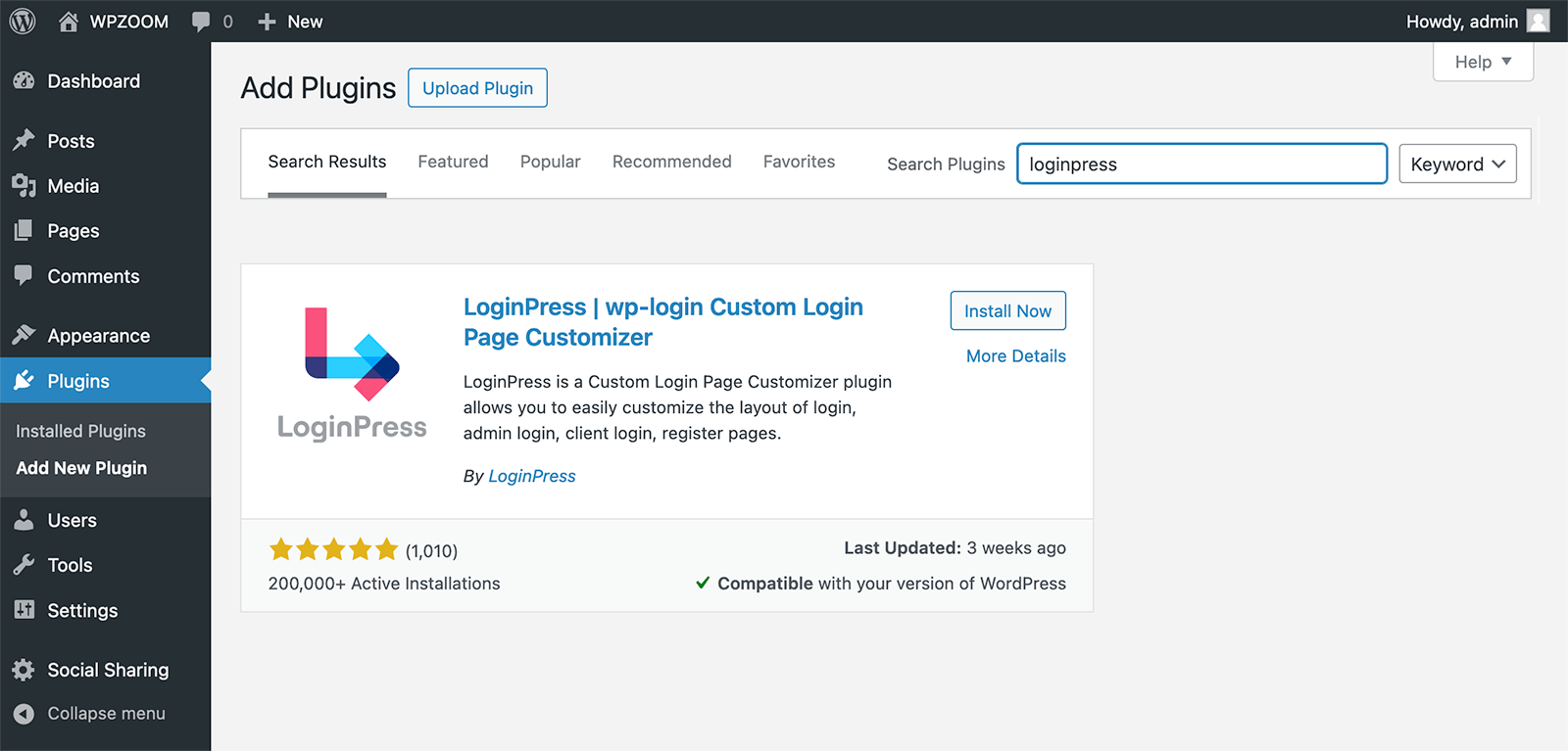 Installing LoginPress plugin from WordPress dashboard to customize login page