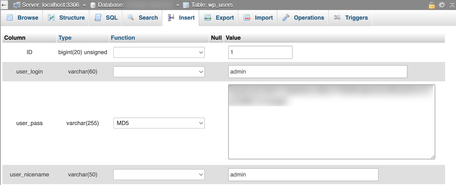 phpMyAdmin edit user password