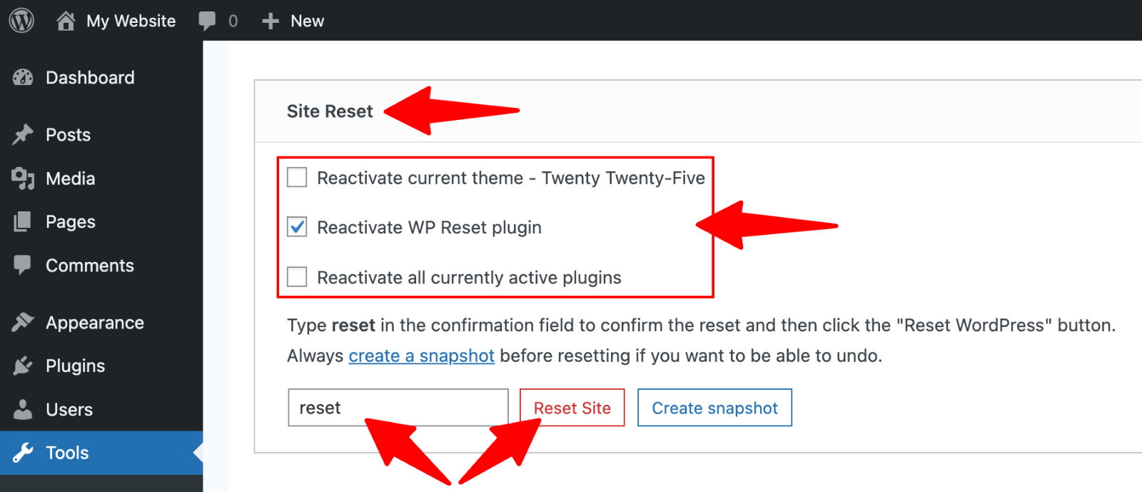 How to Reset Your WordPress Site Safely & Effectively 9 WP Reset > Site reset” class=”wp-image-814481″ srcset=”https://b8f4g5a7.delivery.rocketcdn.me/wp-content/uploads/2025/05/WP-Reset-site-reset.png 1600w, https://b8f4g5a7.delivery.rocketcdn.me/wp-content/uploads/2025/05/WP-Reset-site-reset-734×316.png 734w, https://b8f4g5a7.delivery.rocketcdn.me/wp-content/uploads/2025/05/WP-Reset-site-reset-1024×441.png 1024w, https://b8f4g5a7.delivery.rocketcdn.me/wp-content/uploads/2025/05/WP-Reset-site-reset-1536×661.png 1536w” data-lazy-sizes=”(max-width: 1600px) 100vw, 1600px” src=”https://b8f4g5a7.delivery.rocketcdn.me/wp-content/uploads/2025/05/WP-Reset-site-reset.png”/><img data-lazyloaded=