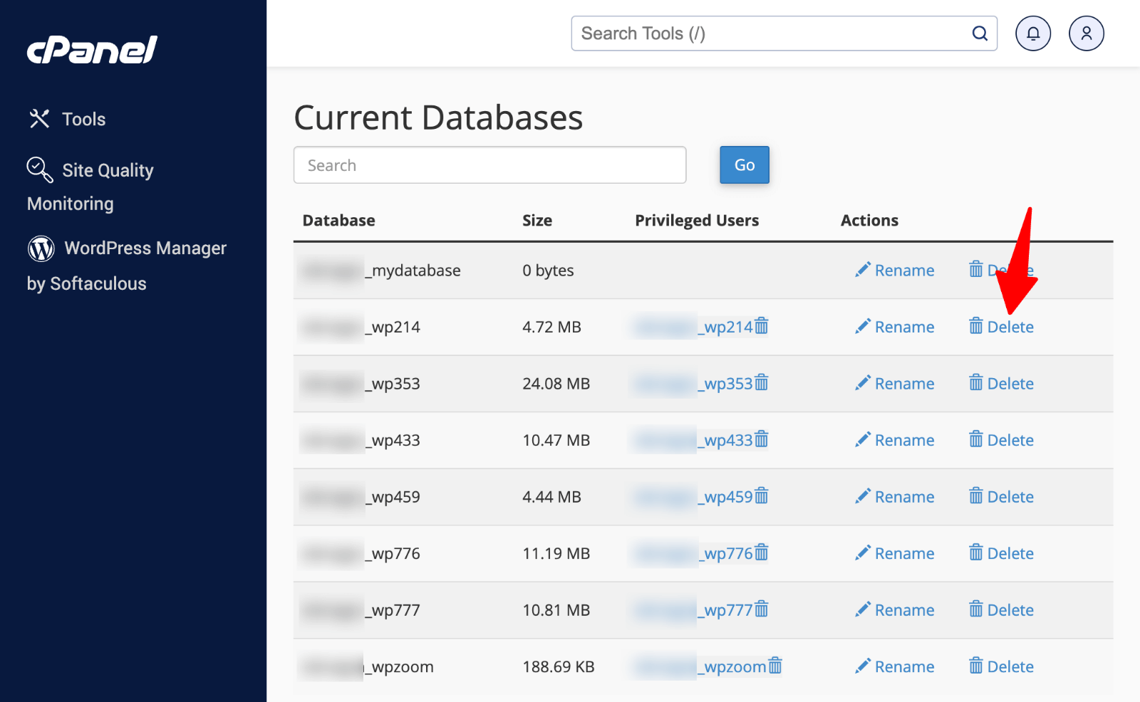 How to Reset Your WordPress Site Safely & Effectively 18 cPanel > MySQL Databases > delete database” class=”wp-image-814500″ srcset=”https://b8f4g5a7.delivery.rocketcdn.me/wp-content/uploads/2025/05/cPanel-MySQL-Databases-dalete.png 1600w, https://b8f4g5a7.delivery.rocketcdn.me/wp-content/uploads/2025/05/cPanel-MySQL-Databases-dalete-734×452.png 734w, https://b8f4g5a7.delivery.rocketcdn.me/wp-content/uploads/2025/05/cPanel-MySQL-Databases-dalete-1024×631.png 1024w, https://b8f4g5a7.delivery.rocketcdn.me/wp-content/uploads/2025/05/cPanel-MySQL-Databases-dalete-1536×947.png 1536w” data-lazy-sizes=”(max-width: 1600px) 100vw, 1600px” src=”https://b8f4g5a7.delivery.rocketcdn.me/wp-content/uploads/2025/05/cPanel-MySQL-Databases-dalete.png”/><img data-lazyloaded=