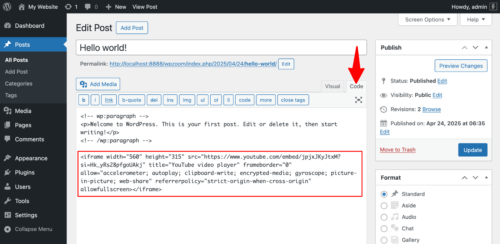 How to Embed an iFrame in WordPress (3 Easy Methods) 18 Embed code in Classic Editor