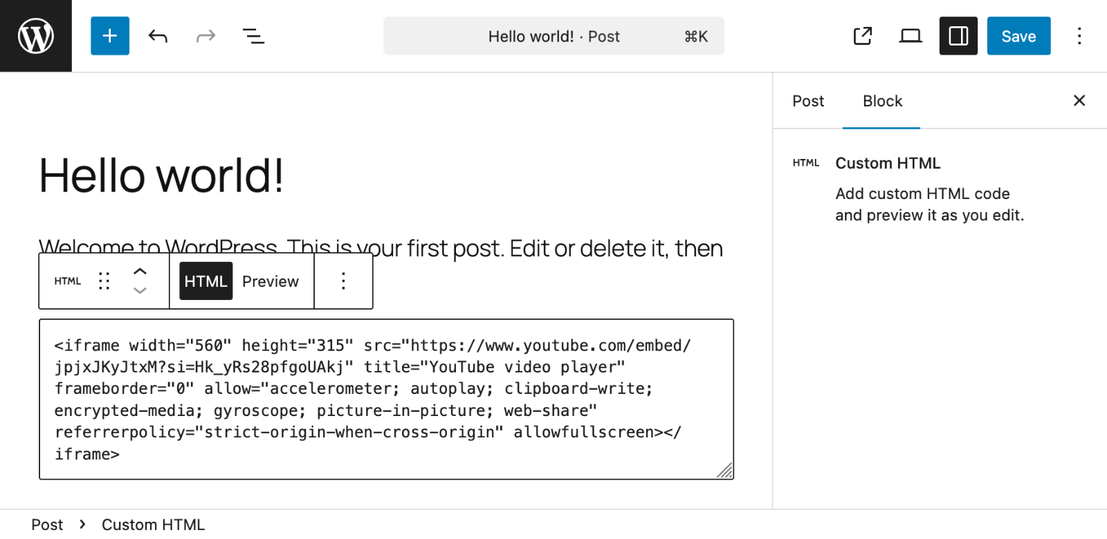How to Embed an iFrame in WordPress (3 Easy Methods) 16 Embed code in custom HTML block