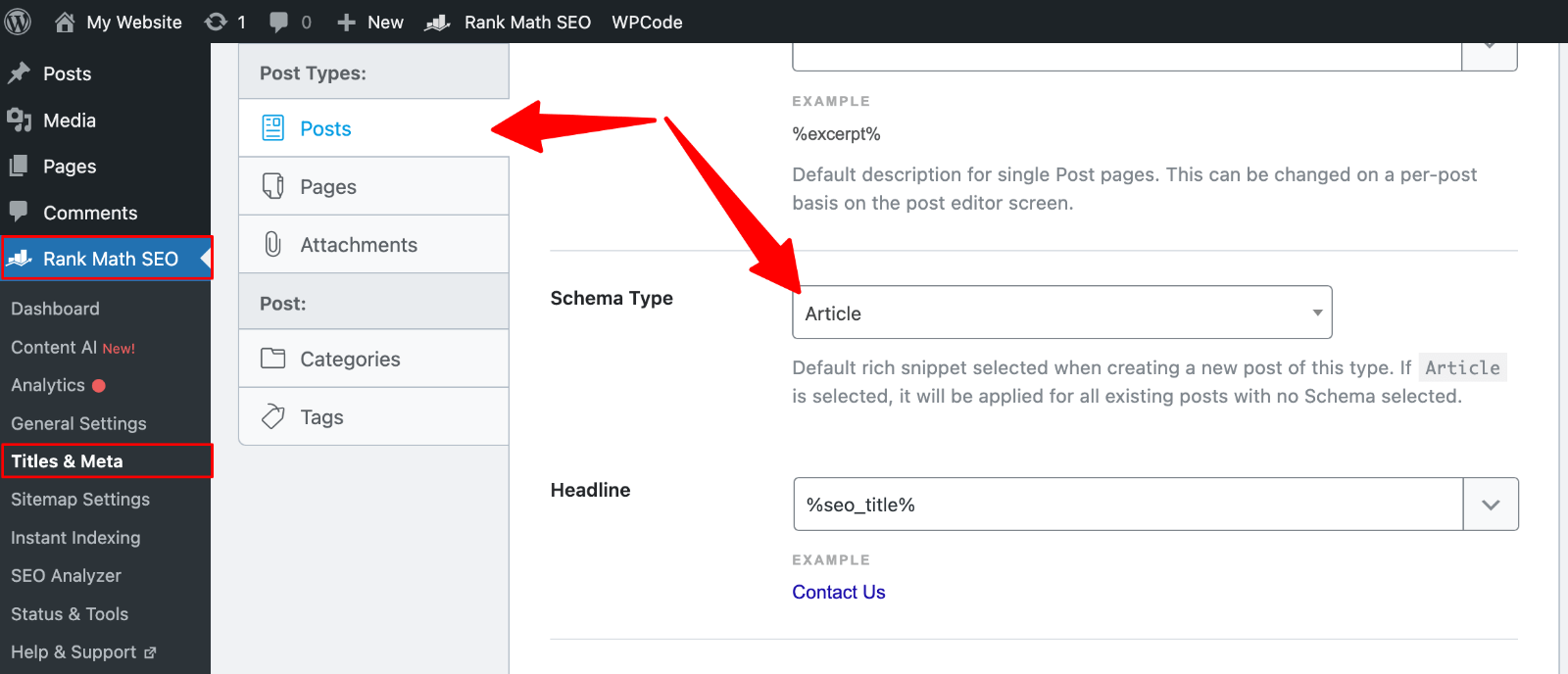 Rank Math Settings -> Title & Meta