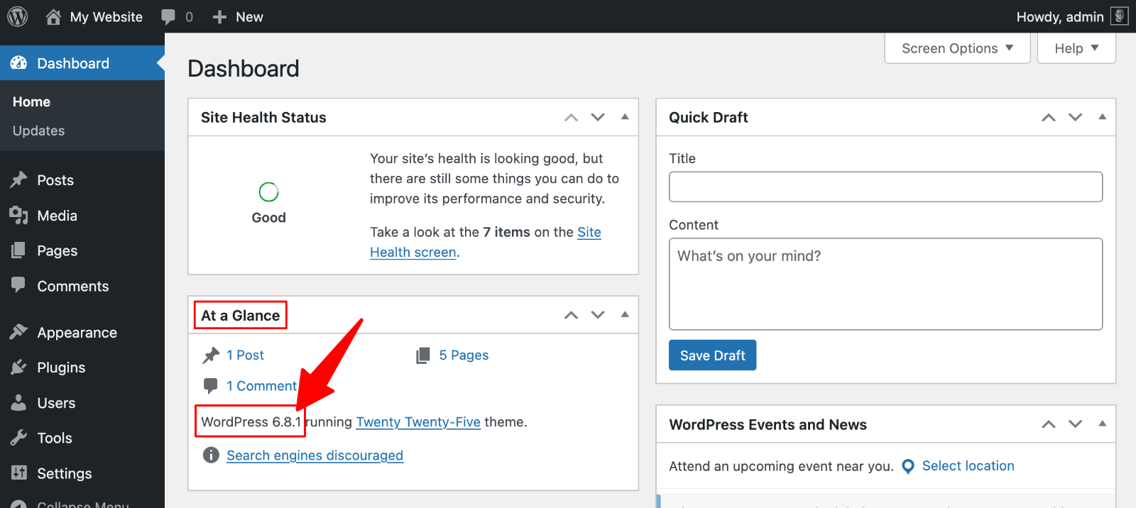 How to Check Your WordPress Version (4 Easy Ways) 7 At a Glance on WordPress dashboard.