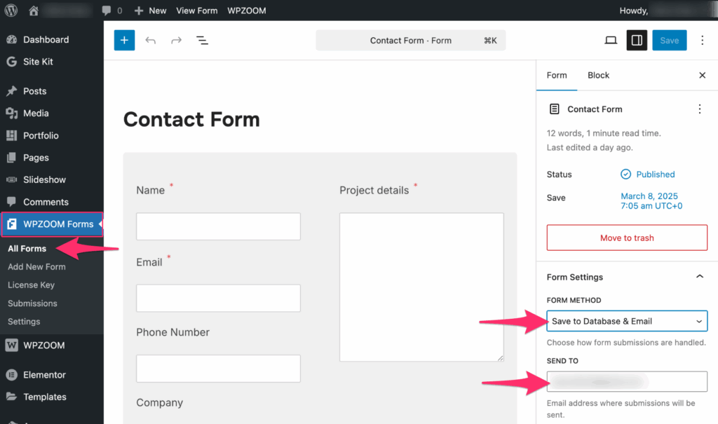 WPZOOM Forms -> Editing form