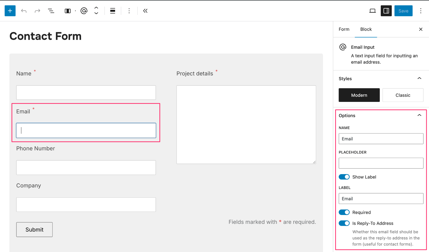 WPZOOM Forms -> Edit fields