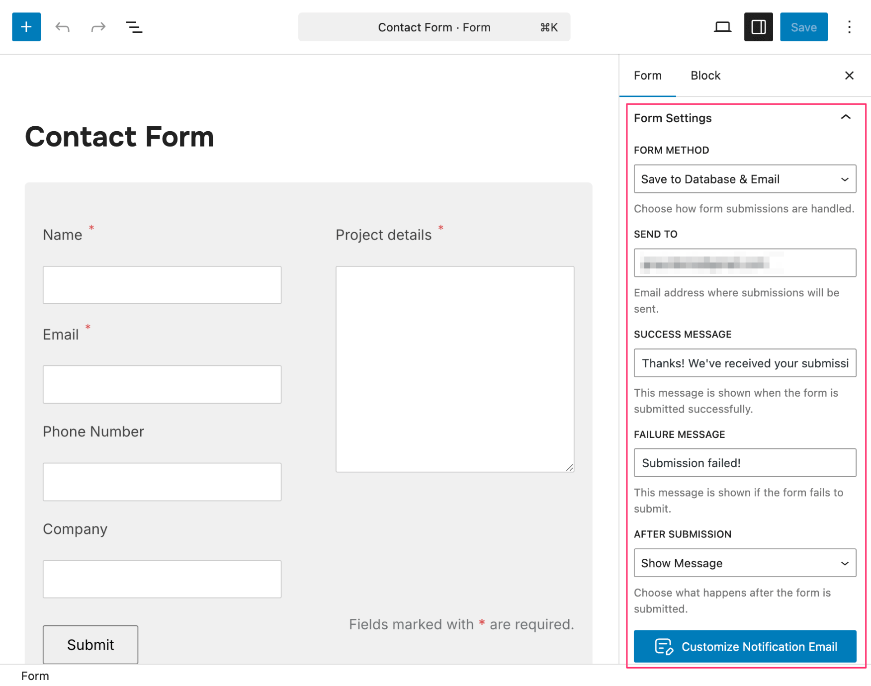 WPZOOM Forms -> Edit form