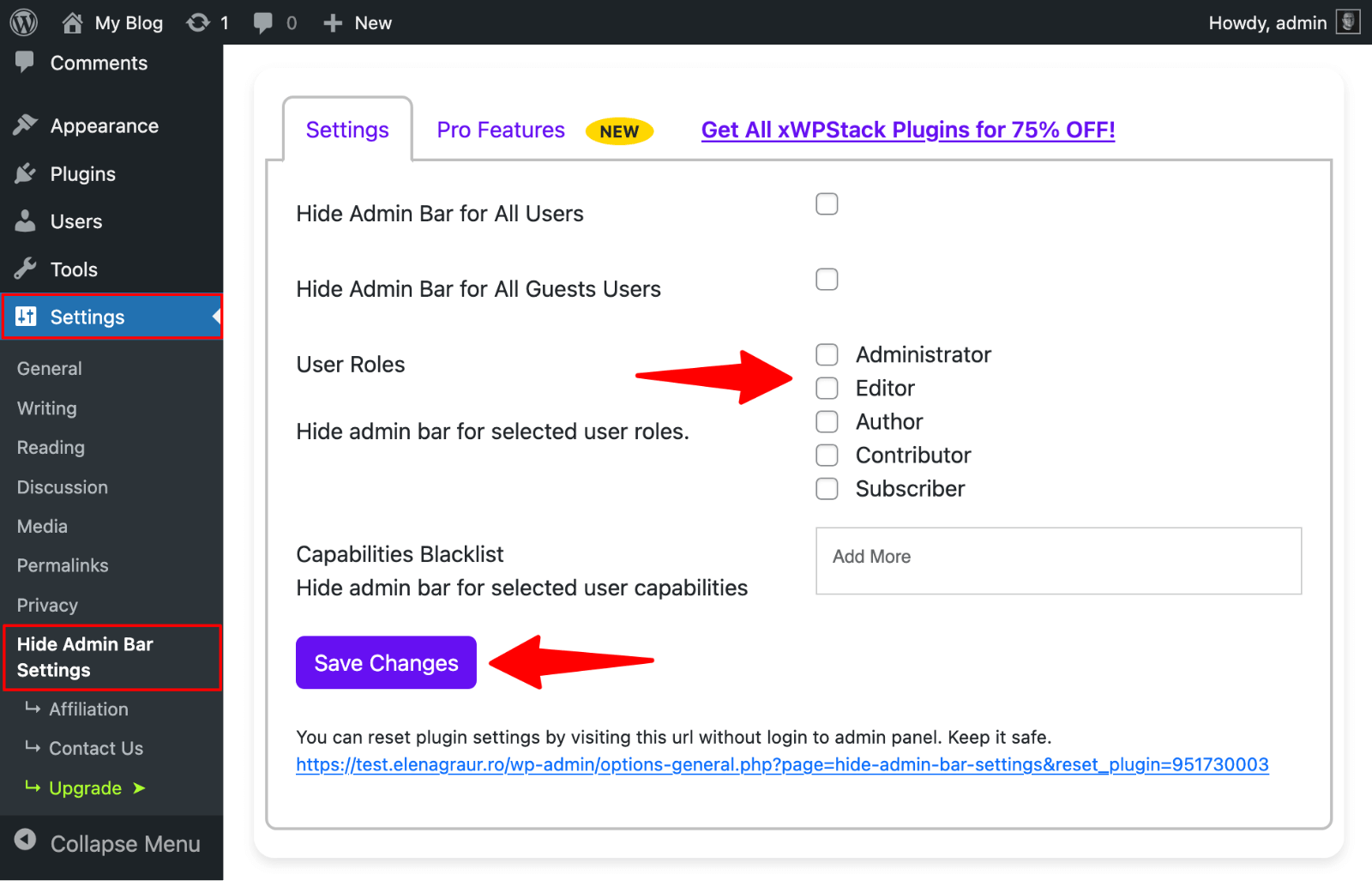 Hide Admin Bar Settings