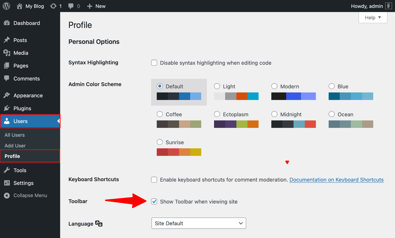 Users > Profile > Show toolbar