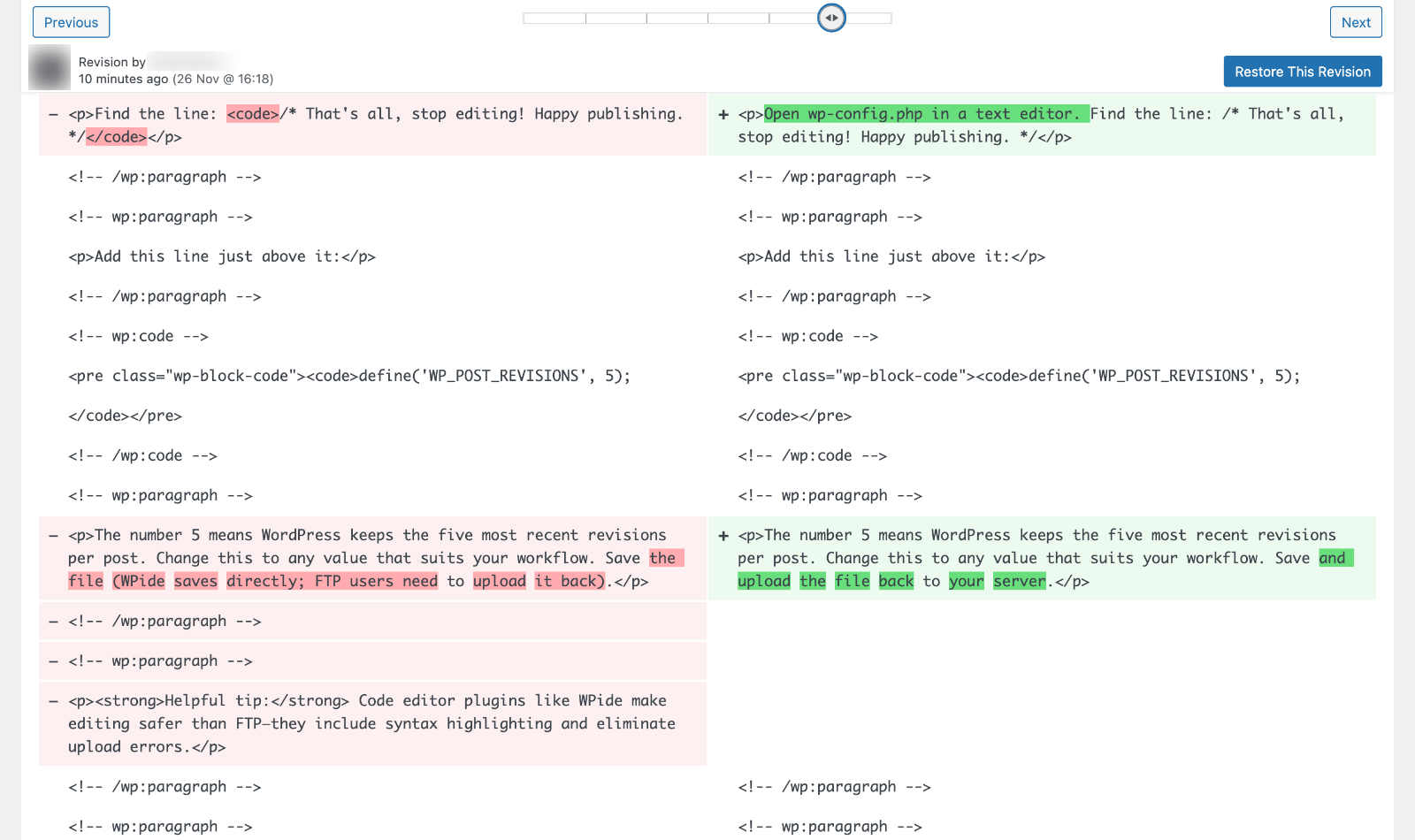 Revisions History screen