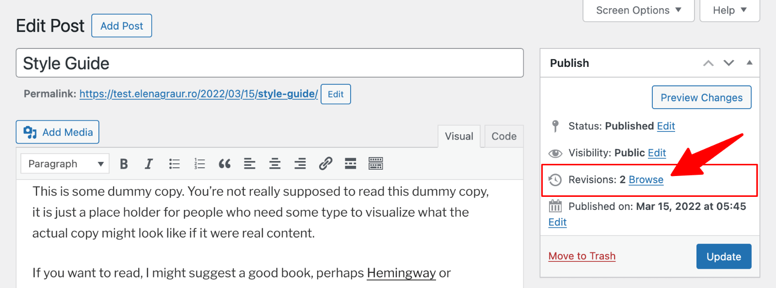 Revisions in Classic editor