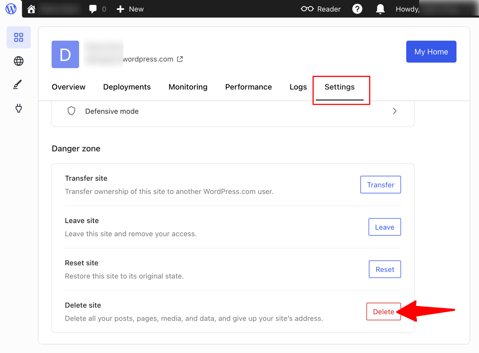 WordPress.com Delete Site