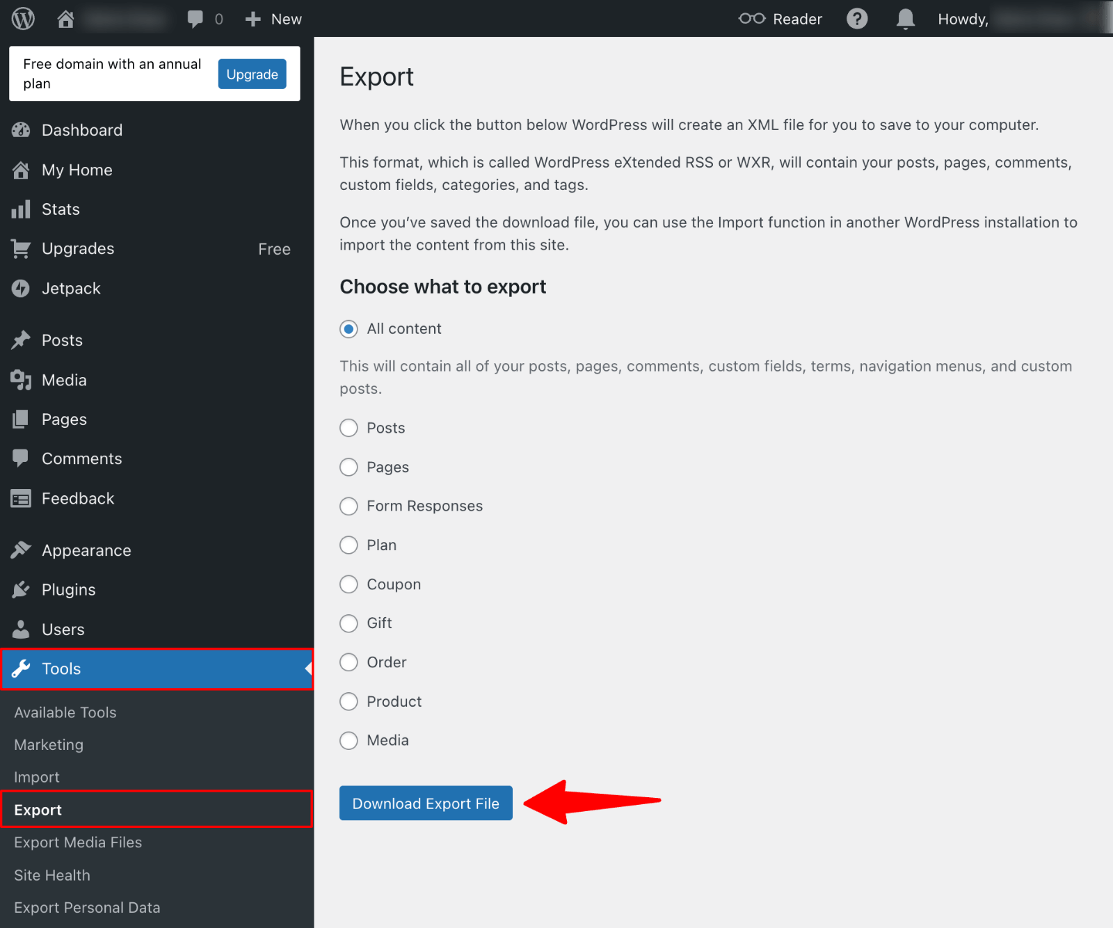 WordPress.com -> Tools -> Export