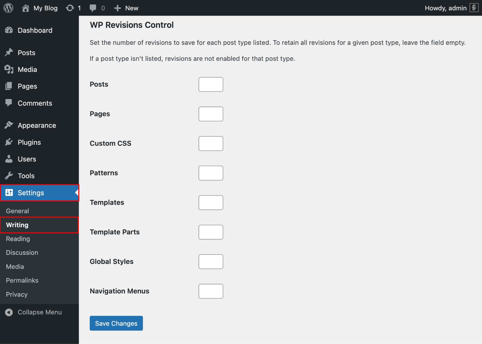 WP Revisions Control Settings
