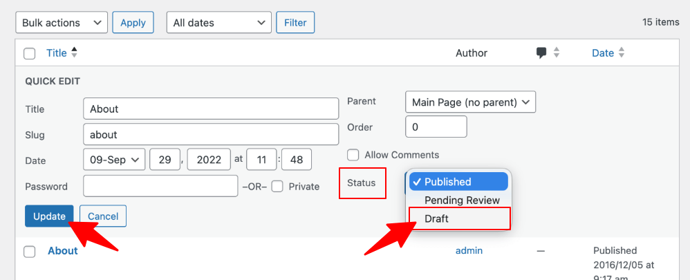 Page quick edit status
