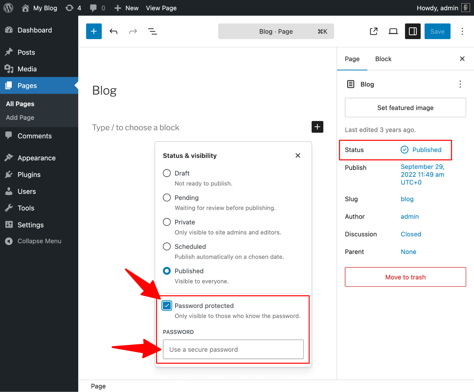 Page status password protected