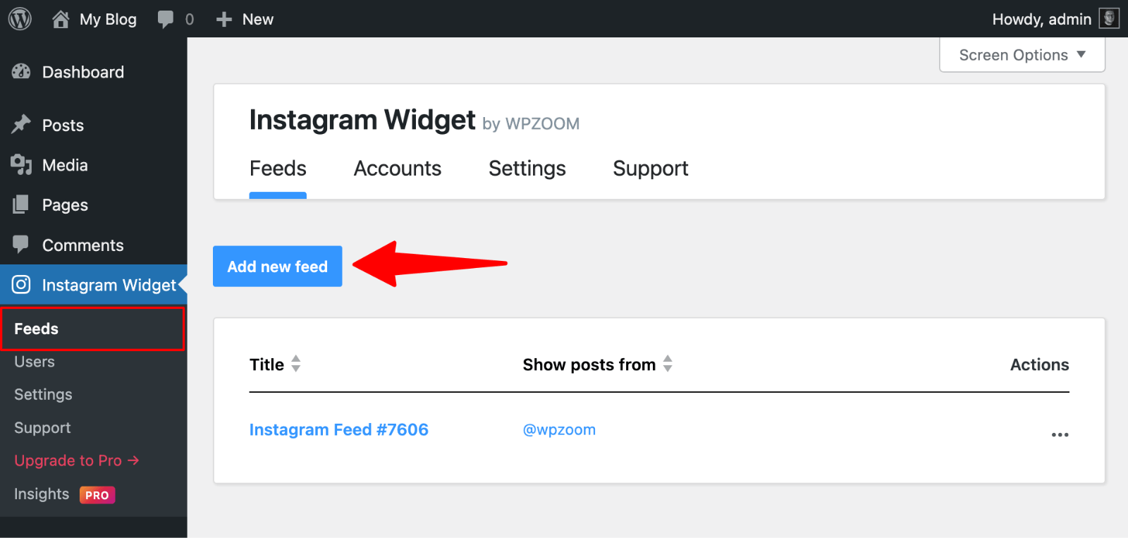 WPZOOM Social Feed Widget & Block - add new feed