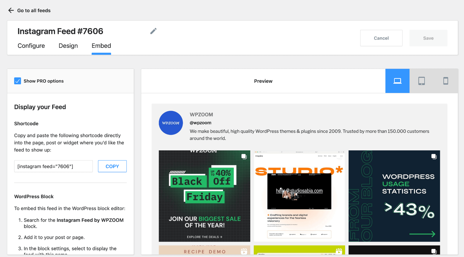 WPZOOM Social Feed Widget & Block - embed options