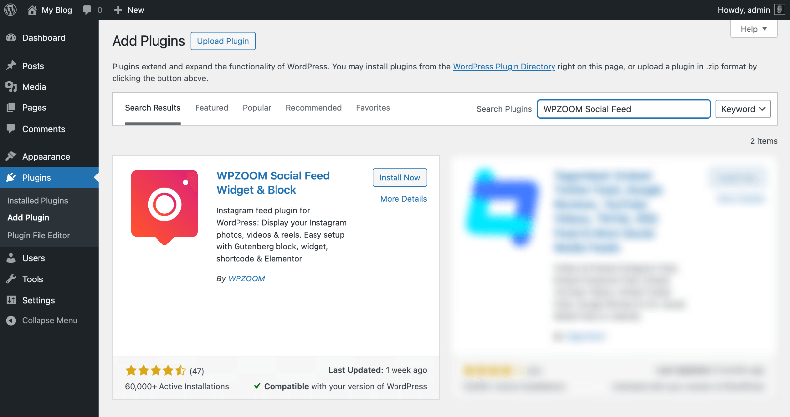 Install the WPZOOM Social Feed Widget & Block plugin