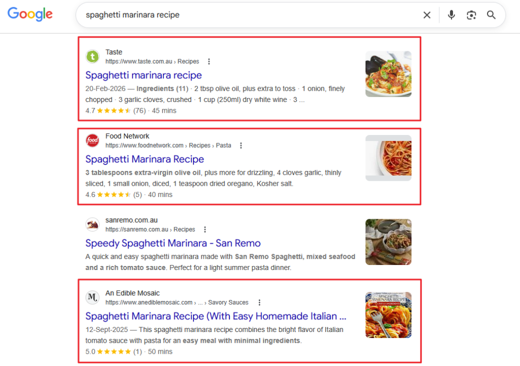 Schema markup in SERPs for food blogs