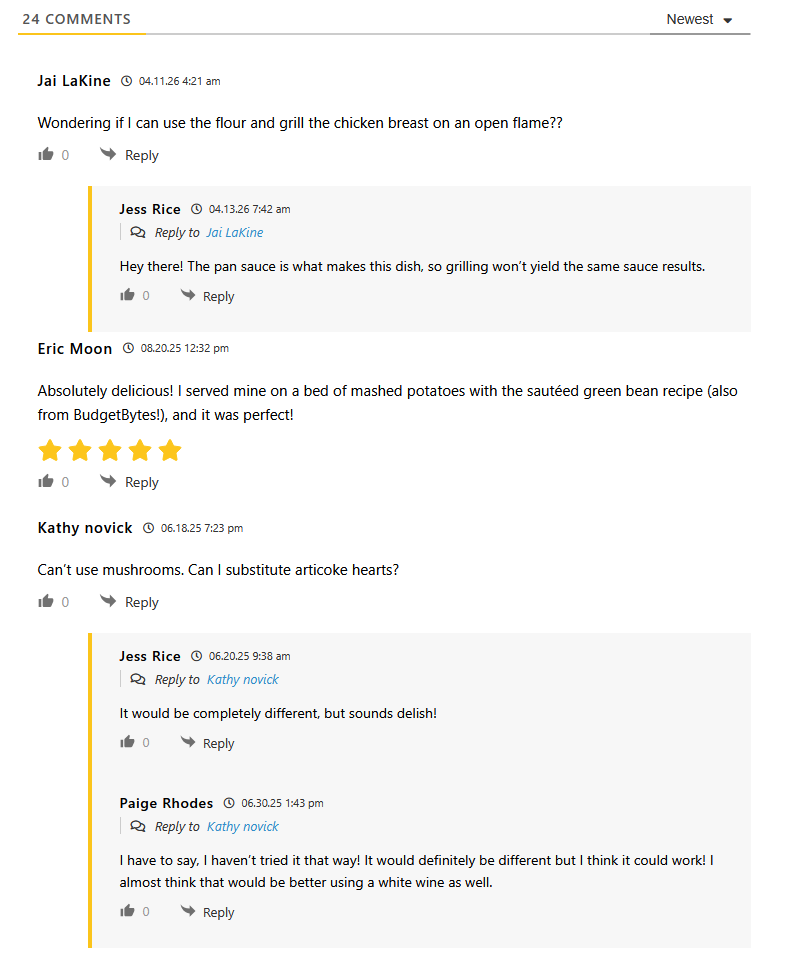Comments section on the Budget Bytes food blog