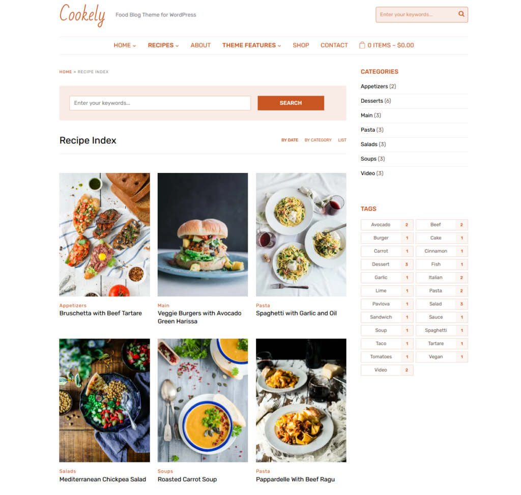Filtering options on the Cookely theme