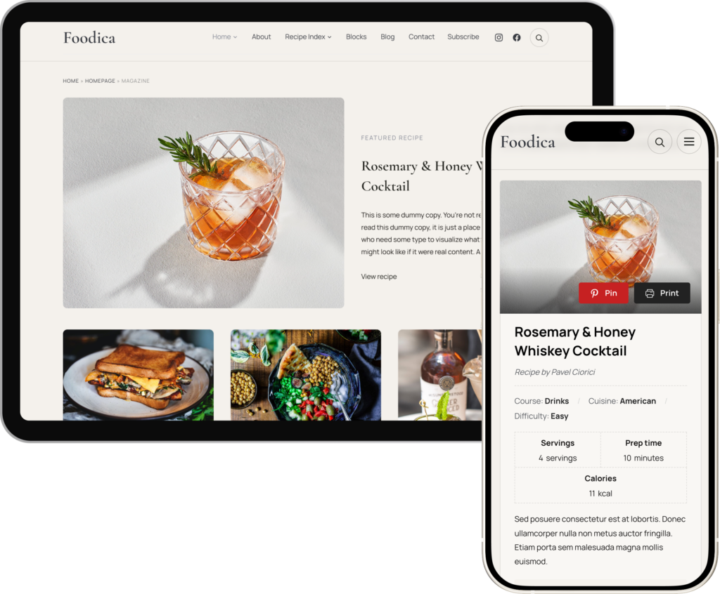 Foodica (Minimal) theme on desktop and mobile