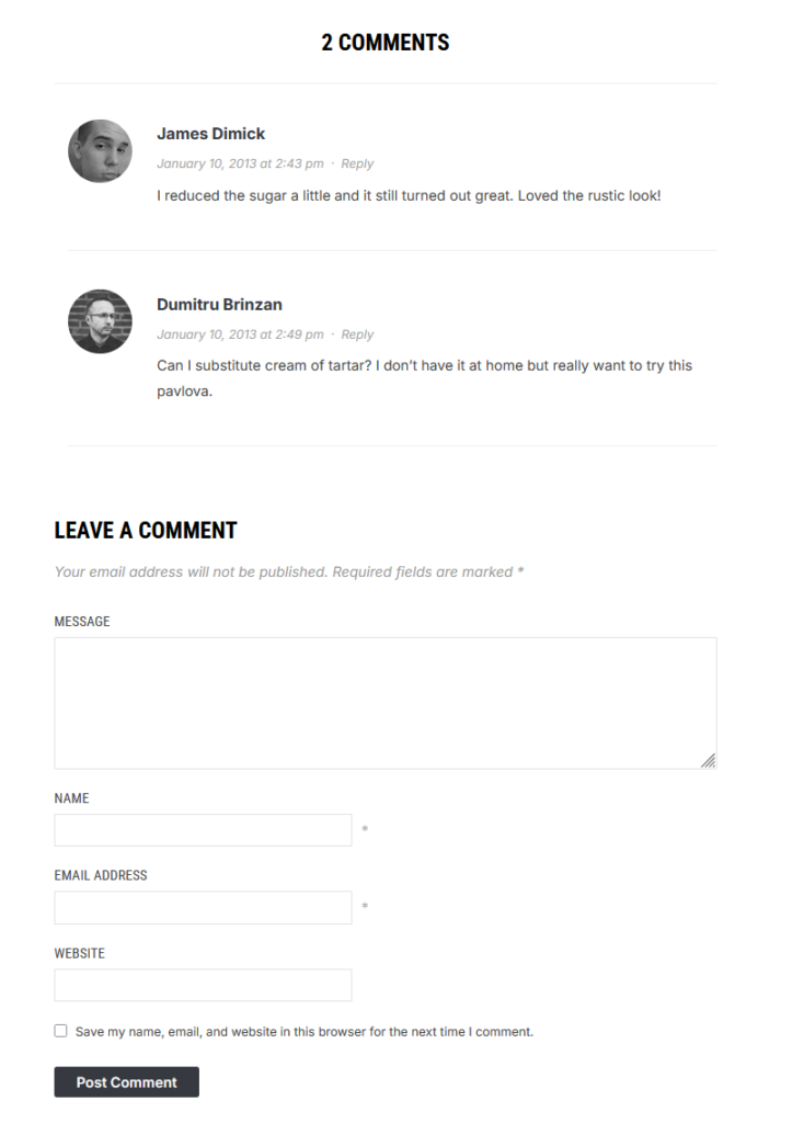 Comments section on the Foodica (Modern) theme