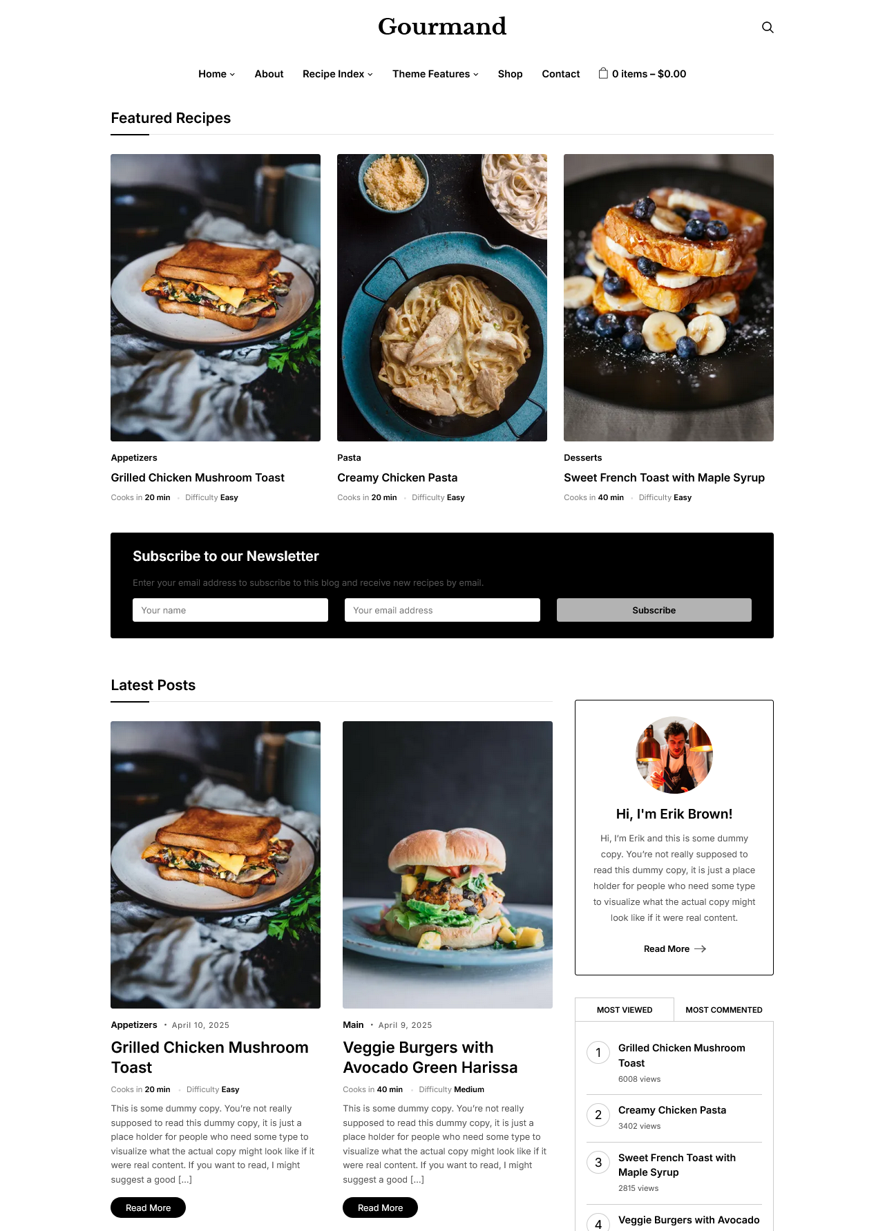 Gourmand theme homepage